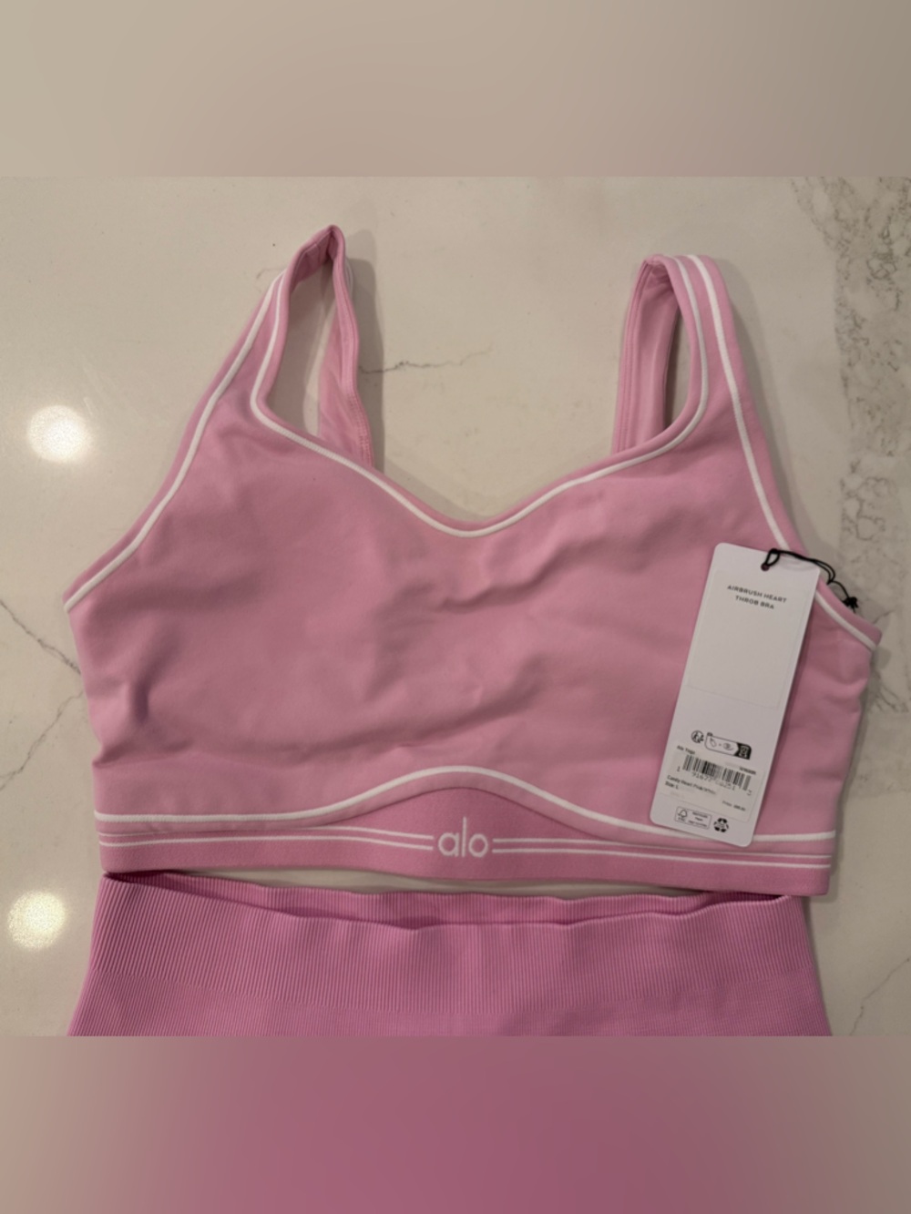 Alo Pink Ribbed Sports Bra & Bike Shorts Set and Candy heart pink - Picture 2 of 4